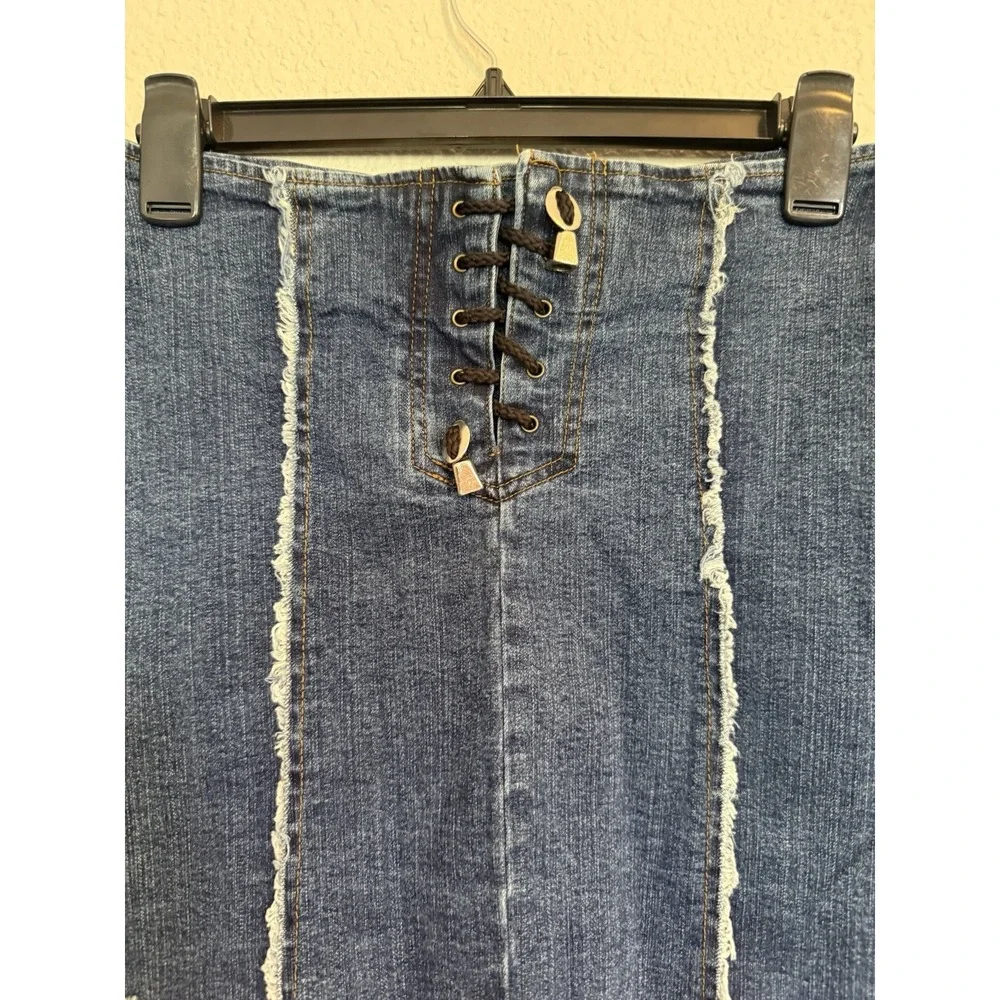VTG Lace UpDenim Mini Skirt Y2K Size Med Boho Festival Raw Hem 90s Grunge - Picture 4 of 10